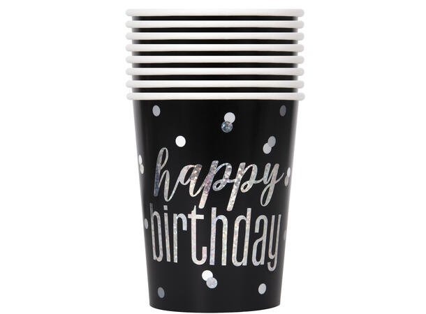 Happy birthday sort & sølv pappkopper 2,5dl
