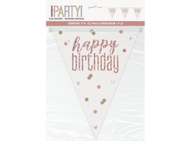 Happy birthday plast flaggbanner I rosegull 2,9m