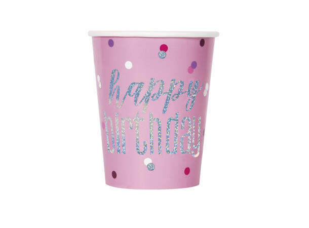 Happy birthday rosa & sølv glitz pappkopper 2,5dl