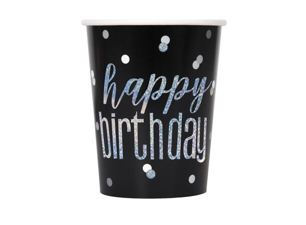 Happy birthday sort & sølv pappkopper 2,5dl
