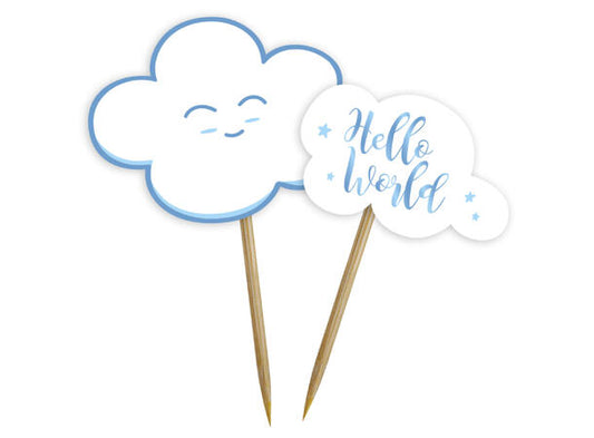 Coctailpinner "Hello World" blå i papir 14cm