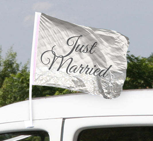 Bilflagg - "Just Married" - Hvit