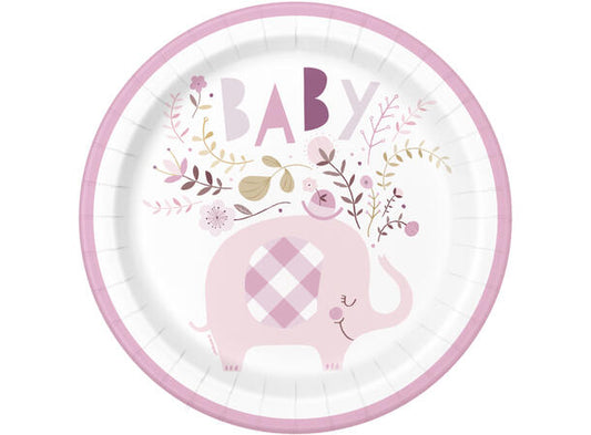 Pink Floral Elephant tallerken i papp 23cm