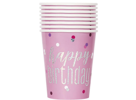 Happy birthday rosa & sølv glitz pappkopper 2,5dl
