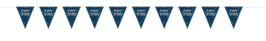 Blå & Sølv Glitz - "Happy Birthday" flaggbanner i plast 2,9m