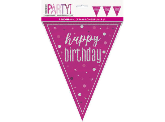 Happy birthday rosa & sølv flaggbanner 2,9m