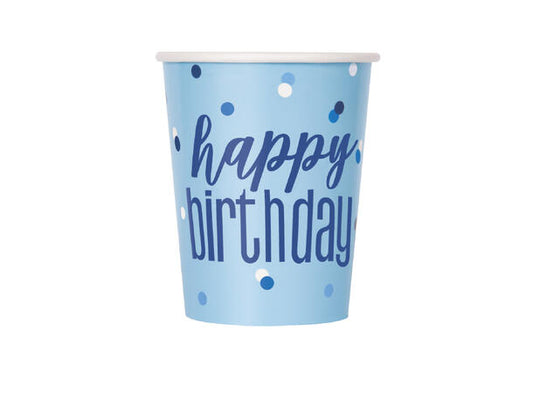 Blå & Sølv Glitz "Happy Birthday" kopper i papp 2,5dl