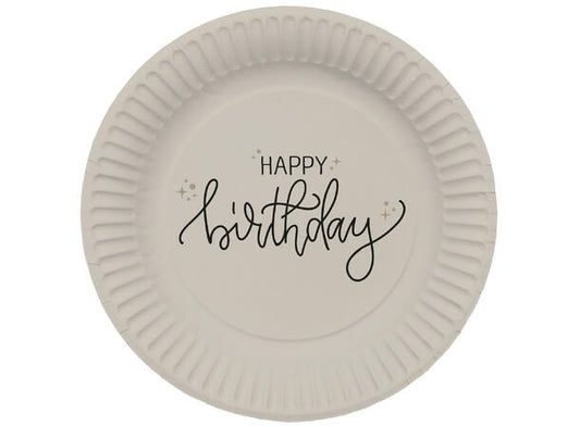 Creme Noir "Happy Birthday" tallerkener i papir 23cm