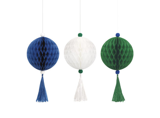 Grønn, hvit og blå honeycomb ball i papir m/tassels.