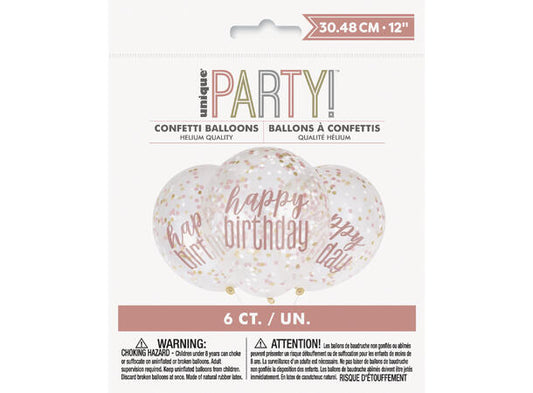 Konfettiballonger "Happy Birthday" rosegull 30cm