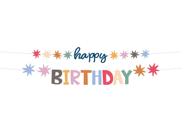 Happy birthday,Star burst bokstavbanner i papir  1,5m