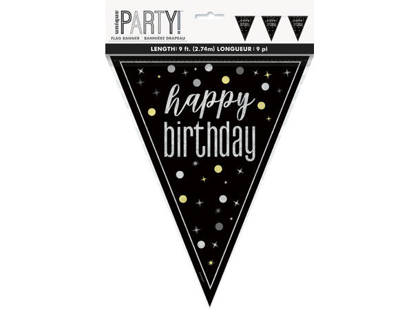 Happy birthday sort & sølv flaggbanner 2,9m