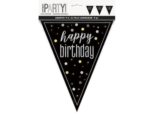 Happy birthday sort & sølv flaggbanner 2,9m