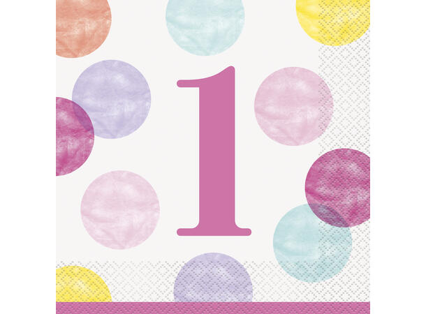 Rosa Dots Første Bursdag 16 Lunchservietter - 33x33cm